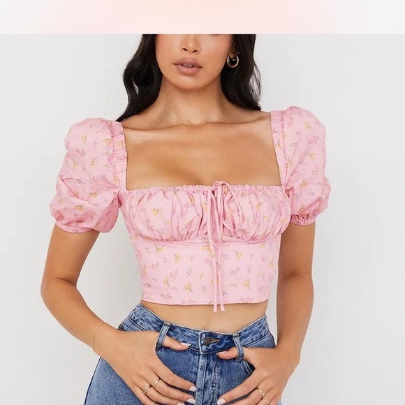 House of CB Pink Floral Puff Sleeve Top - Picture 8 of 9